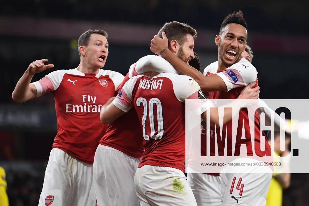 KW08 Arsenal v FC BATE Borisov UEFA Europa League Arsenal players celebrate as Shkodran Mustafi makes it 2:0 on the night during the UEFA Europa League match at the Emirates Stadium, London Content Not Available For UK Newspapers