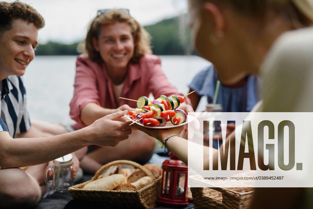 Group of young friends camping near lake and and having barbecue together. Close-up. A group of young friends camping near lake and and having barbecue together. Close-up. model released