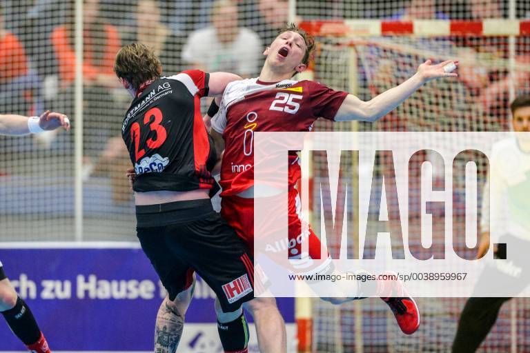 Duel between Valentin Spohn Luebbecke 23 and Justin Mueller Essen 25 at the game TUSEM Essen vs. TuS N Luebbecke Handball 2 Bundesliga 22 02 2019 TUSEM Essen vs. TuS N Luebbecke Handball 2 Bundesliga 22 02 2019 Essen