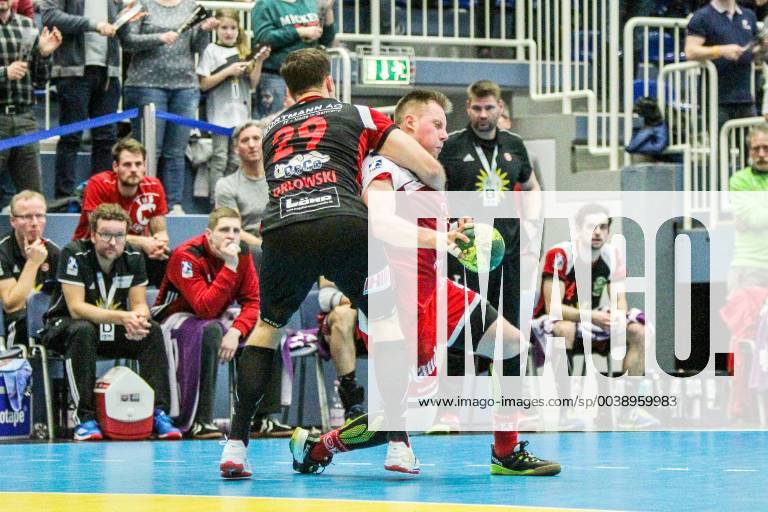 V l Marian Orlowski Luebbecke 29 blocks Luca Witzke Essen 7 at the game TUSEM Essen vs TuS N Luebbecke Handball 2 Bundesliga 22 02 2019 TUSEM Essen vs TuS N Luebbecke Handball 2 Bundesliga 22 02 2019 Essen