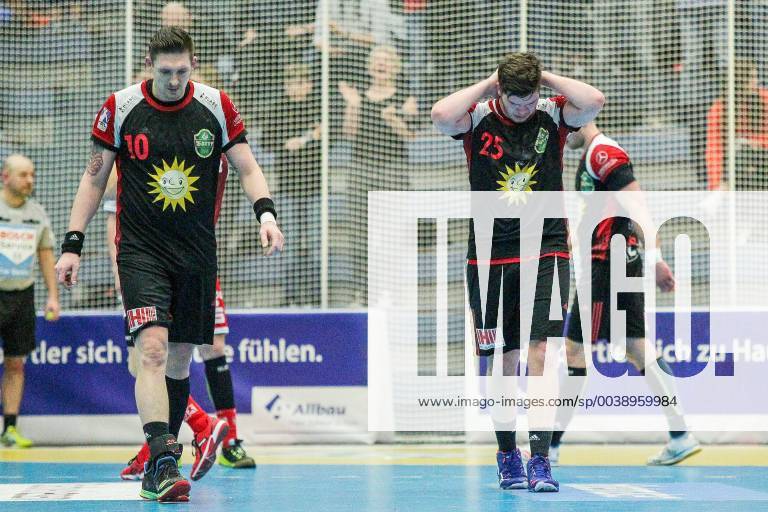 V l Lukasz Gierak Luebbecke 10 and Moritz Schade Luebbecke 25 are disappointed after the game on the field at the game TUSEM Essen vs TuS N Luebbecke Handball 2 Bundesliga 22 02 2019 TUSEM Essen vs TuS N Luebbecke Handball 2 Bundesliga 22 02 2019 Essen