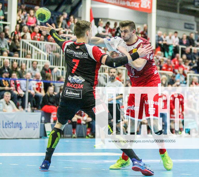 V l Patryk Walczak Luebbecke 7 cant block Dennis Szczesny Essens throw 22 at TUSEM Essen vs TuS N Luebbecke Handball 2 Bundesliga 22 02 2019 TUSEM Essen vs TuS N Luebbecke Handball 2 Bundesliga 22 02 2019 Essen