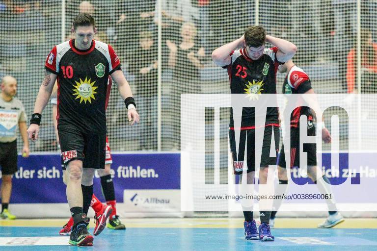 V l Lukasz Gierak Luebbecke 10 and Moritz Schade Luebbecke 25 are disappointed after the game on the field at the game TUSEM Essen vs TuS N Luebbecke Handball 2 Bundesliga 22 02 2019 TUSEM Essen vs TuS N Luebbecke Handball 2 Bundesliga 22 02 2019 Essen