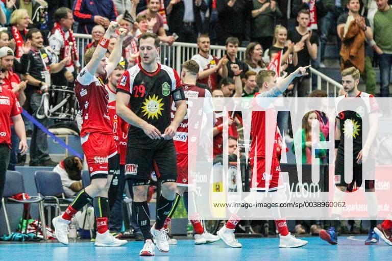 Marian Orlowski Luebbecke 29 is on the field disappointed after the game while the Essen players cheer at the game TUSEM Essen vs. TuS N Luebbecke Handball 2 Bundesliga 22 02 2019 TUSEM Essen vs. TuS N Luebbecke Handball 2 Bundesliga 22 02 2019 Essen