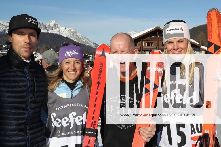 NORDIC SKIING - FIS Nordic World Ski Championships Seefeld 2019 SEEFELD,AUSTRIA,25.FEB.19 - NORDIC SKIING - FIS Nordic World Ski Championships, side event, World team masters. Image shows Sven Hannawald, Michaela Kirchgasser, Michael Edwards (Eddie the Eagle) and Nicole Hosp. GEPAxpictures xAndreasxPranter