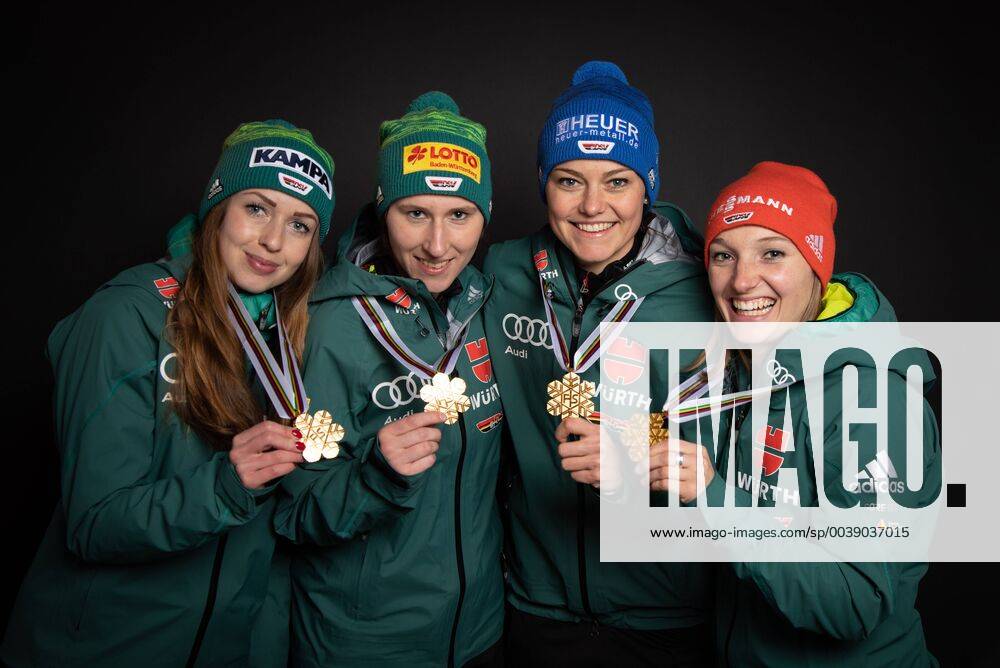 KW09 NORDIC SKIING - FIS Nordic World Ski Championships Seefeld 2019 SEEFELD,AUSTRIA,26.FEB.19 - NORDIC SKIING, Ski jumping Skispringen Ski nordisch - FIS Nordic World Ski Championships, team event, normal hill, ladies, medal shooting. Image shows Juliane Seyfarth, Ramona Straub, Carina Vogt and Katharina Althaus (GER). Keysword: medals. GEPAxpictures xHaraldxSteiner