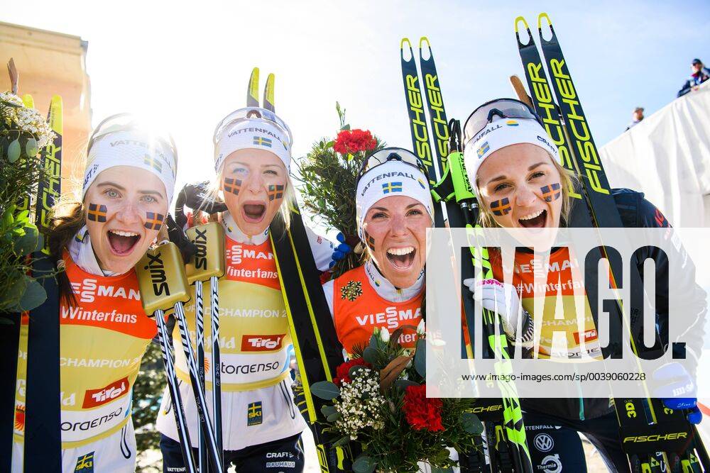 Ebba Andersson Frida Karlsson Charlotte Kalla and Stina Nilsson of Sweden celebrates after women s 4 x 5km relay during the FIS Nordic World Ski Championships on February 28 2019 in Seefeld in Tirol Photo Joel Marklund BILDBYRAN code JM 87902,