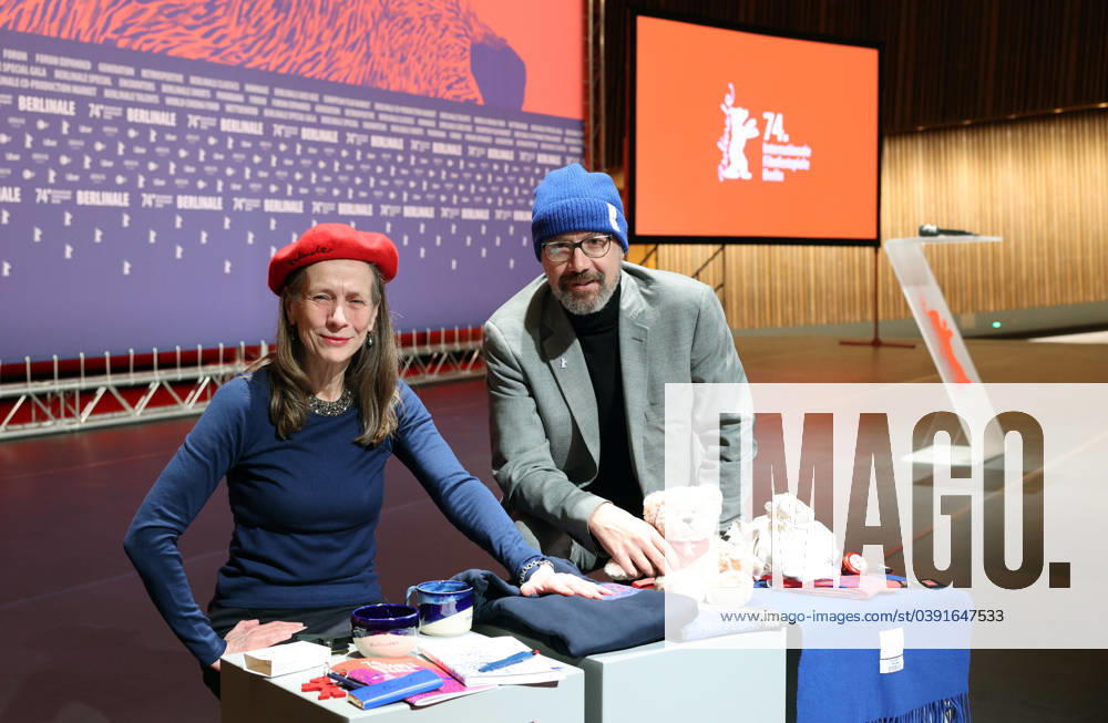 Berlin Germany The Berlinale directors Mariette Rissenbeek and Carlo Chatrian give a preview of the program at the press conference for the 74th Berlinale In addition, they also show the merchandising products