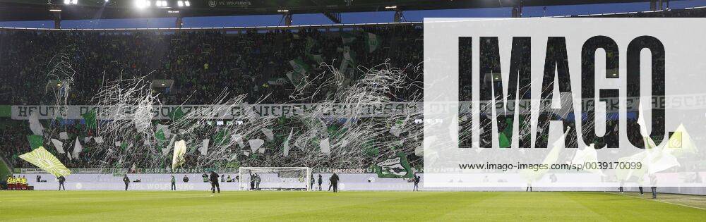 Volkswagen Arena Wolfsburg league match 1 league VfL Wolfsburg vs SV Werder Bremen in picture overview fan choreography VfL Wolfsburg DFL regulations prohibit any use of photographs as image sequences and or quasi video VfL Wolfsburg vs SV Werder Bremen
