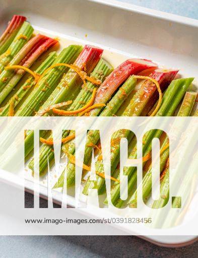 A closeup shot of rhubarb stalks in a rectangle plate. 2469593 RECORD DATE NOT STATED