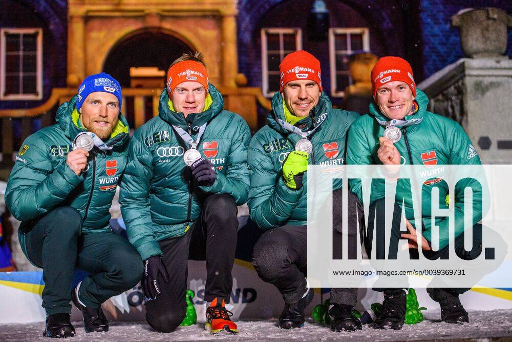Erik Lesser Roman Rees Arnd Peiffer and Benedikt Doll of Germany celebrate during the medal ceremony for the Men s 4x7 5 km Relay during the IBU World Championships Biathlon on March 16 2019 in Östersund Photo Petter Arvidson BILDBYRAN kod PA 92270,