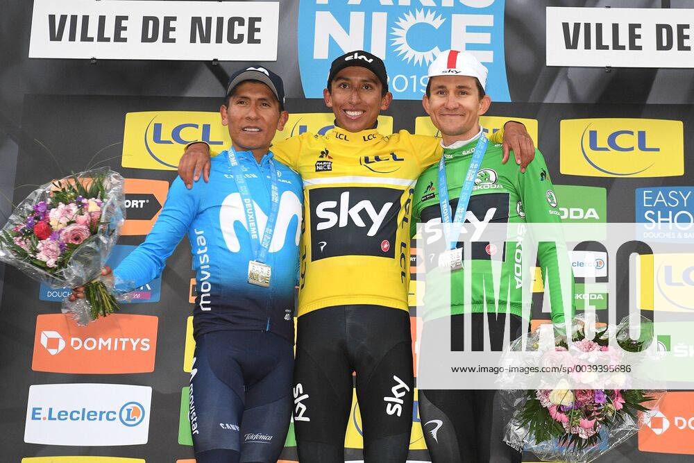 KW11 Colombian Nairo Quintana of Movistar Team, Colombian Egan Ariey Bernal Gomez wearing the yellow jersey and Polish Michal Kwiatkowski of Team Sky wearing the green jersey on the podium of the final stage of the 77th edition of the Paris-Nice cycling race, 110 km from Nice to Nice, France, Sunday 17 March 2019. The race starts on the 10th and ends on the 17th of March. DAVIDxSTOCKMAN x05549613x