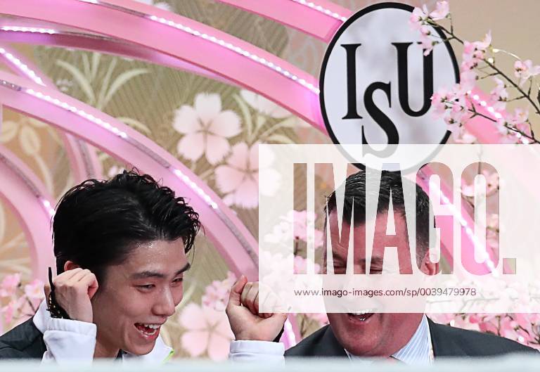 Figure skater Yuzuru Hanyu (L) of Japan with coach Brian Orser during the men s free skating event at the 2019 ISU World Figure skating Eiskunstlauf Championships at Saitama Super Arena. Stanislav Krasilnikov TASS TS0A5A8B