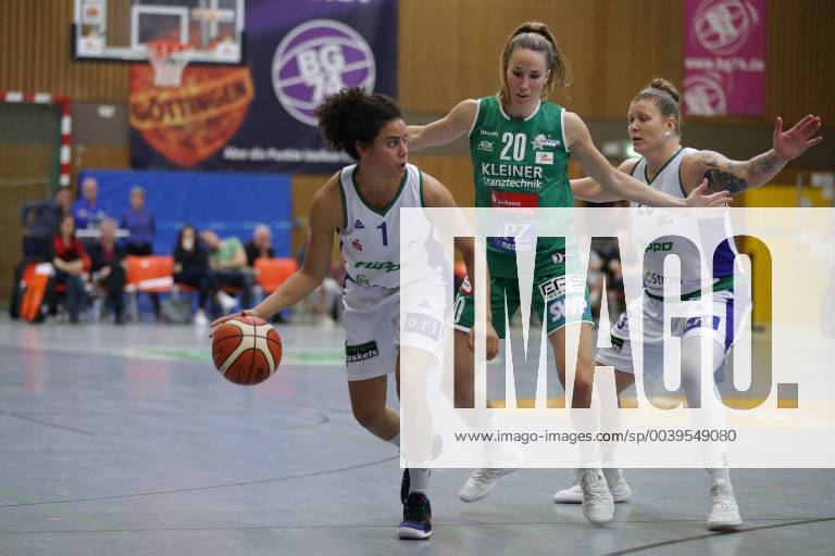 Göttingen Sporthalle Felix Klein Gymnasium 17 10 18 Basketball DBBL Season 2018 19 3 Matchday Flippo Baskets BG 74 Göttingen vs Rutronik Stars Keltern Picture 1 Alissa Pierce Flippo Baskets BG 74 left with ball 20 Marta Tudanca Rutronik Stars Keltern middle 23 Klaudia Grudzien Flippo Baskets BG 74 right xsmmpJPGx