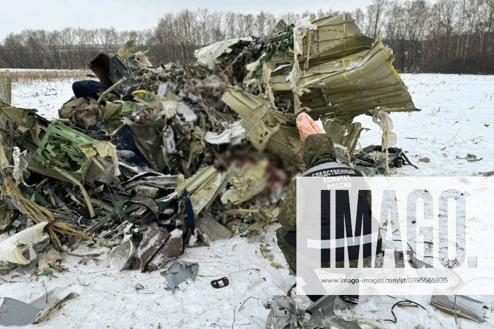 KW04 RUSSIA, BELGOROD REGION - JANUARY 24, 2024: Debris at the crash site of an Ilyushin Il-76 airlifter. According to the Russian Defence Ministry, an Ilyushin Il-76 airlifter carrying 65 Ukrainian prisoners of war who were being moved to the Belgorod Region for an exchange, 6 crew members, and 3 people accompanying them crashed near the village of Yablonovo on January 24 at about 11 a.m. Moscow time. TASS 66711710