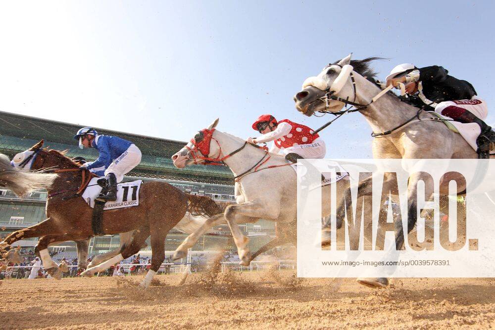 Dubai UAE Horses and jockeys during the Dubai Kahayla Classic Meydan racecourse Horses Jockeys Pulk Arabian race Sand Sand track Sand track Dirt Dirttrack Frog perspective 190330D522DUBAI MEYDAN JPG