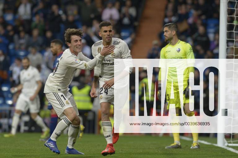 Madrid, Madrid, Spain - Dani Ceballos and Odriozola of Real Madrid celebrate after the second goal during a match between Real Madrid vs SD Huesca for La Copa del Rey at Santiago Bernabeu Stadium on March 31, 2019 in Madrid, Spain. Real Madrid CF v SD Huesca - La Liga - ZUMAn230 20190331_zaa_n230_980