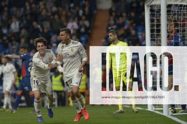 Madrid, Madrid, Spain - Dani Ceballos and Odriozola of Real Madrid celebrate after the second goal during a match between Real Madrid vs SD Huesca for La Copa del Rey at Santiago Bernabeu Stadium on March 31, 2019 in Madrid, Spain. Real Madrid CF v SD Huesca - La Liga - ZUMAn230 20190331_zaa_n230_982