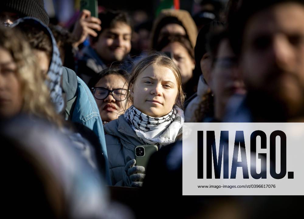 THE HAGUE - Greta Thunberg during a demonstration in solidarity with the Palestinian people, and in support of the South African cause, during a ruling by the International Court of Justice (ICJ) on a request by South Africa for emergency measures for Gaza. Earlier this month, the court heard the genocide case against Israel, brought by South Africa. The entire case can take years to complete. ANP KOEN VAN WEEL netherlands out - belgium out