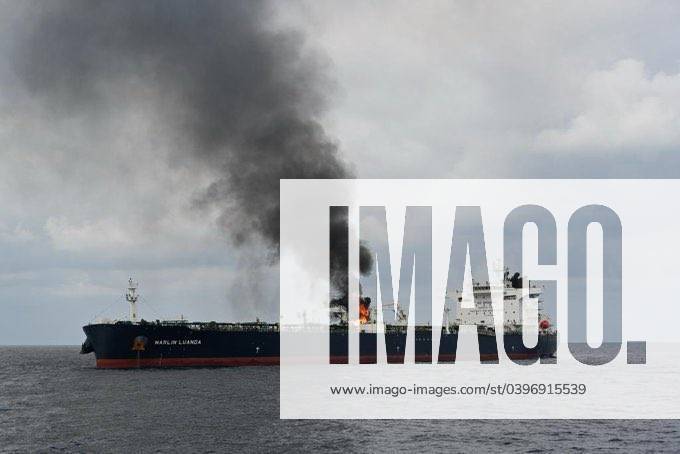 jpg Oil tanker Marlin Luanda has caught fire 60 nautical miles southeast of Aden in Yemen after a missile attack by Houthi fighters based in Yemen on Jan 26, 2024. The ship s owner, Trafigura, said the Marlin Luanda was struck by a missile as it transited the Red Sea on Friday. Houthi brigadier general Yahya Saree called the Marlin Luanda a British tanker and said the attack was in support of the oppressed Palestinian people and in response to the American-British aggression against our country. Indian Navy photo handout taken from INS Visakhapatnam via EYEPRESS