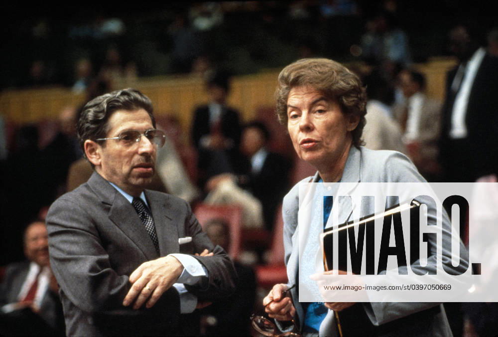 Israeli U.N. Ambassador Yehuda Blum with U.S. U.N Ambassador Jeane Kirkpatrick, United Nations, New York City, New York, USA, Bernard Gotfryd