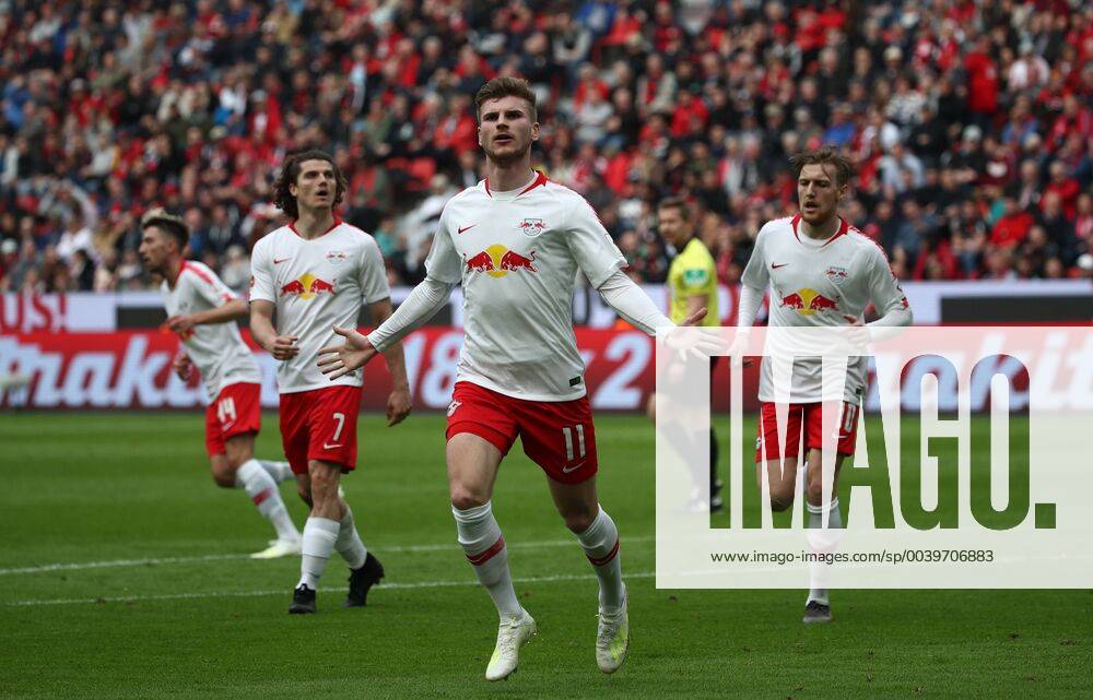 Leverkusen RB Leipzig Soccer Bundesliga Leverkusen 06 04 2019 BayArena Soccer Bundesliga 28 Matchday Bayer 04 Leverkusen vs RB Leipzig In picture goal scorer Timo Werner 11 RB Leipzig after his goal to the 2 2 equalization V l Marcel Sabitzer Timo Werner and Emil Forsberg all Leipzig DFL regulations prohibit any use of photographs as image sequences and or quasi video