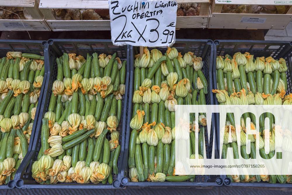 Freshness Zucchini in Boxes before a Vegetable shop in the Old town, Genoa, Italy, Europe