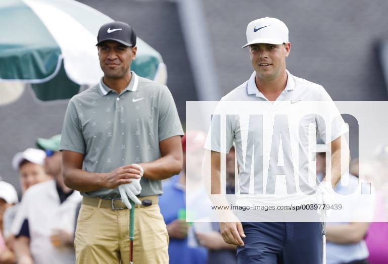 Tony Finau and Bryson Dechambeau stand on the first Hole tee box at practice on the Tuesday before the 2019 Masters Tournament at Augusta National Golf Club in Augusta, Georgia, on April 9, 2019. AUG20190409116 JOHNxANGELILLO