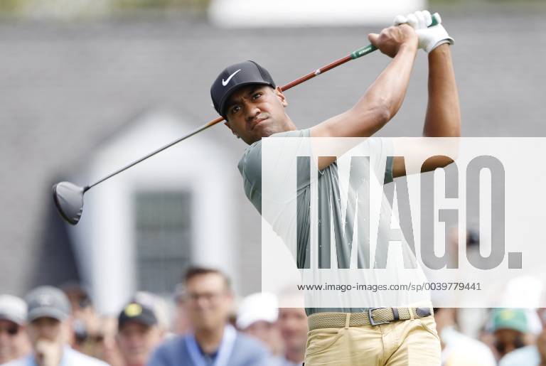 Tony Finau hits a tee shot on the 1st hole at practice on the Tuesday before the 2019 Masters Tournament at Augusta National Golf Club in Augusta, Georgia, on April 9, 2019. AUG20190409118 JOHNxANGELILLO