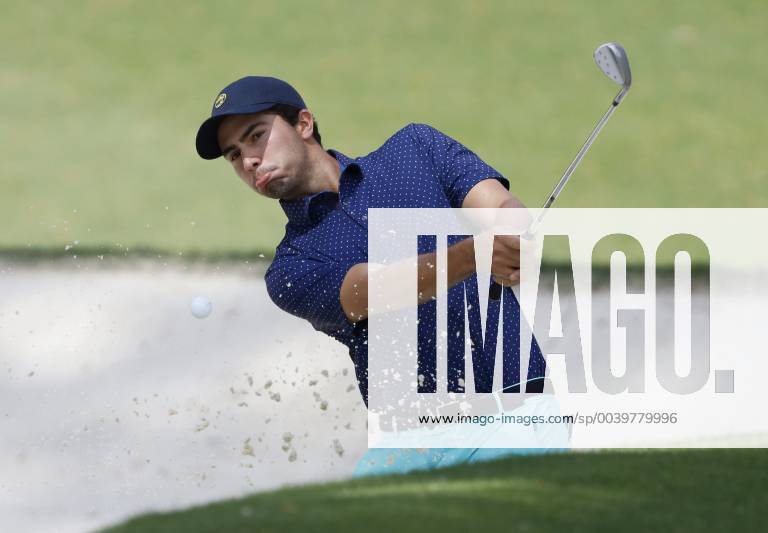 Alvaro Ortiz of Mexico hits out of a bunker on the 10th green at practice on the Tuesday before the 2019 Masters Tournament at Augusta National Golf Club in Augusta, Georgia, on April 9, 2019. AUG20190409122 JOHNxANGELILLO
