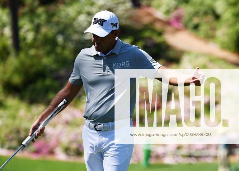 Charl Schwartzel reacts after a putt while at practice on the Wednesday before the 2019 Masters Tournament at Augusta National Golf Club in Augusta, Georgia, on April 10, 2019. AUG20190410905 KEVINxDIETSCH