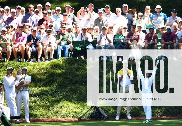 Sergio Garcia of Spain watches Angela Akins Garcia react after a tee shot on the 9th hole at the Par 3 Contest on the Wednesday before the 2019 Masters Tournament at Augusta National Golf Club in Augusta, Georgia, on April 10, 2019. AUG20190410913 KEVINxDIETSCH
