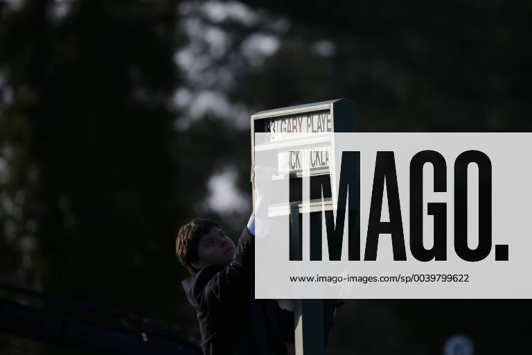 Jack Nicklaus and Gary Player have their name cards placed at the first tee before they arrive for the ceremonial tee shot before the first round at the 2019 Masters Tournament at Augusta National Golf Club in Augusta, Georgia, on April 11, 2019. AUG20190411105 KEVINxDIETSCH
