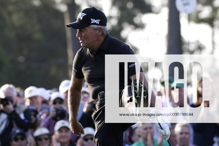 Gary Player does a leg kick after his tee shot on the first tee when he and Jack Nicklaus hit the ceremonial first tee ball before the first round at the 2019 Masters Tournament at Augusta National Golf Club in Augusta, Georgia, on April 11, 2019. AUG20190411101 JOHNxANGELILLO