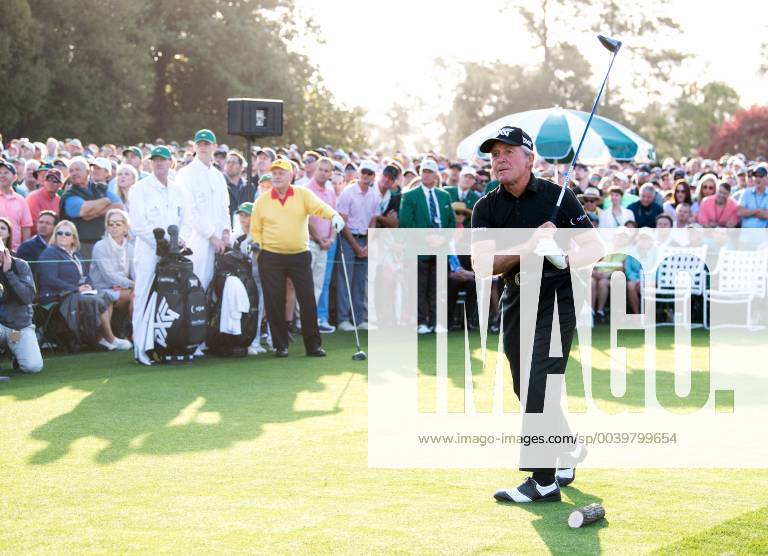 Golf legends Gary Player hits the ceremonial tee to start the Masters Tournament at Augusta National Golf Club in Augusta, Georgia, on April 11, 2019. Player and Jack Nicklaus hits ceremonial tee shots to start the 2019 Masters. AUG20190411310 KEVINxDIETSCH