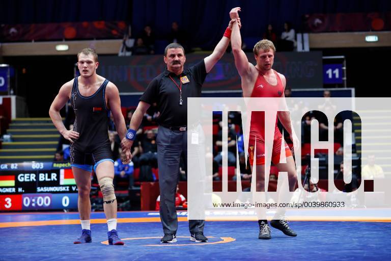 Wrestling European Championships 2019 14 04 2019 Bucharest Greco Roman 82kg Hannes WAGNER red GER vs Viktar SASUNOUSKI blue BLR