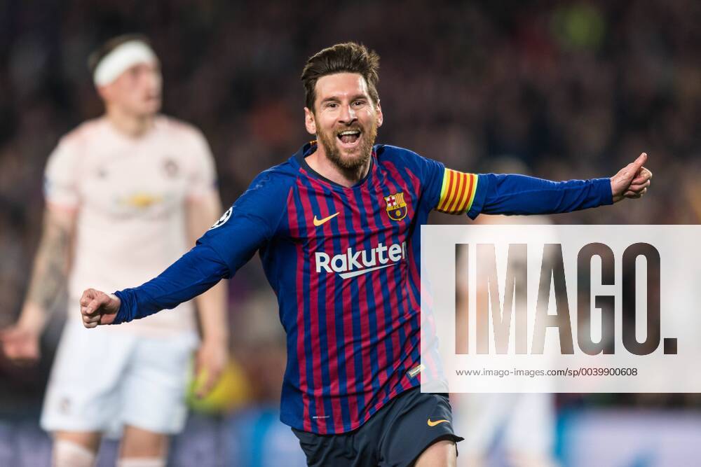 Barcelona Spain 16 04 2019 UEFA Champions League 2018 19 Season Quarter Final 2 Round FC Barcelona Manchester United Lionel Messi Barcelona celebrates his team s second goal DeFodi059