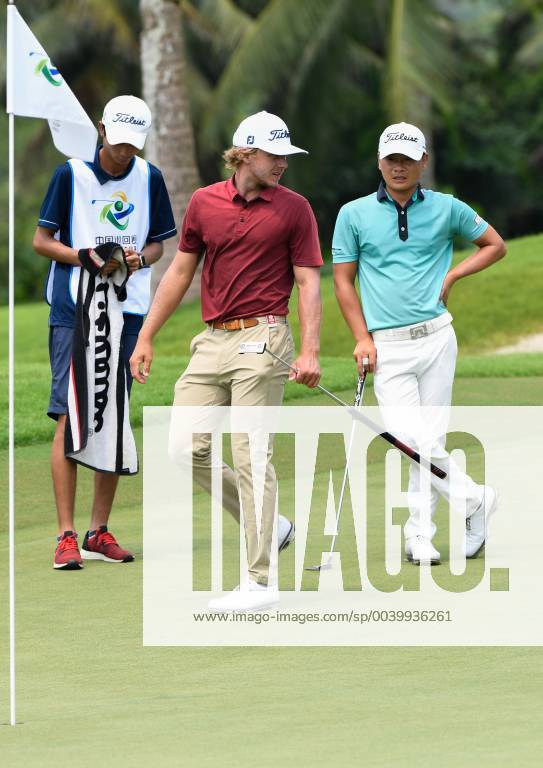 (190420) -- BOAO, April 20, 2019 (Xinhua) -- Maverick Antcliff (C) of Australia and Xiao Bowen (R) of China react on the 5th hole during the third round of the Boao Open in Boao, south China s Hainan Province, on April 20, 2019. The 2019 China Tour s Boao Open is held from April 15 to 21. (Xinhua Yang Guanyu) (SP)CHINA-BOAO-GOLF-CHINA TOUR-BOAO OPEN (CN)