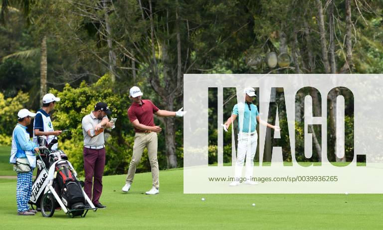 (190420) -- BOAO, April 20, 2019 (Xinhua) -- Xiao Bowen (R) of China, Maverick Antcliff (2nd R) of Australia and Cristiano Terragni (3rd R) of Italy react on the 6th hole during the third round of the Boao Open in Boao, south China s Hainan Province, on April 20, 2019. The 2019 China Tour s Boao Open is held from April 15 to 21. (Xinhua Yang Guanyu) (SP)CHINA-BOAO-GOLF-CHINA TOUR-BOAO OPEN (CN)