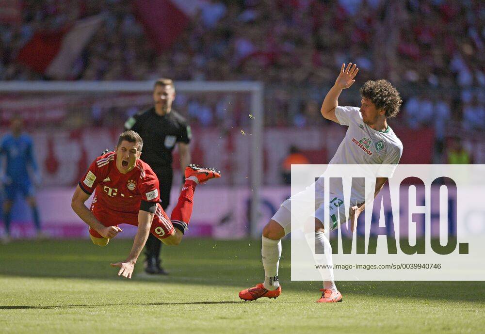 Football 1 Bundesliga 2018 2019 30 Matchday FC Bayern München SV Werder Bremen in the Allianz Arena Munich v li Robert Lewandowski FC Bayern München fouled by Milos Veljkovic SV Werder Bremen DFL and DFB regulations prohibit any use of photographs as image sequences and or quasi video