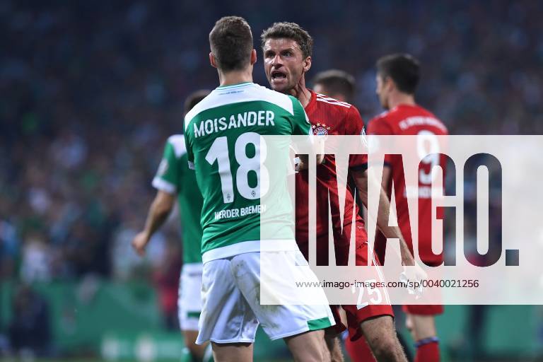 Football DFB Cup Semifinals SV Werder Bremen FC Bayern Munich on 24 04 2019 at Weser Stadium in Bremen Niklas Moisander Bremen front Thomas Müller Munich back DFB regulations prohibit any use of photographs as image sequences and or quasi video xRx