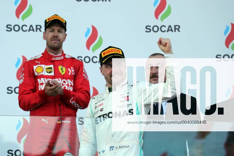 Formel 1, GP Aserbaidschan, Sieger Valtteri Bottas Photo4 LaPresse 28 04 2019 Baku, Azerbaijan Grand Prix Formula One Azerbaijan 2019 In the pic: race winner Valtteri Bottas (FIN) Mercedes AMG F1 W10 , 3rd position Sebastian Vettel (GER) Scuderia Ferrari SF90 and Ilham Aliyev (AZ) President of Azerbaijan