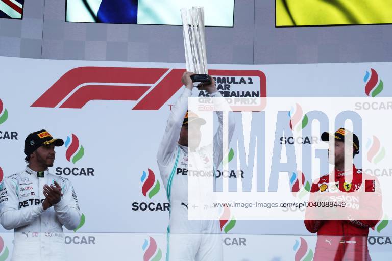 Formel 1, GP Aserbaidschan, Sieger Valtteri Bottas Photo4 LaPresse 28 04 2019 Baku, Azerbaijan Grand Prix Formula One Azerbaijan 2019 In the pic podium: 1st position Valtteri Bottas (FIN) Mercedes AMG F1 W10 2nd position Lewis Hamilton (GBR) Mercedes AMG F1 W10 3rd position Sebastian Vettel (GER) Scuderia Ferrari SF90