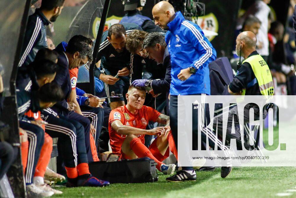 Madrid, MADRID, SPAIN - Toni Kroos of Real Madrid injuried during the spanish league, La Liga, football match played between Rayo Vallecano and Real Madrid at Estadio de Vallecas in Madrid, Spain, on April 28, 2019. Soccer: La Liga - Rayo Vallecano v Real Madrid - ZUMAa181 20190428_zaa_a181_173