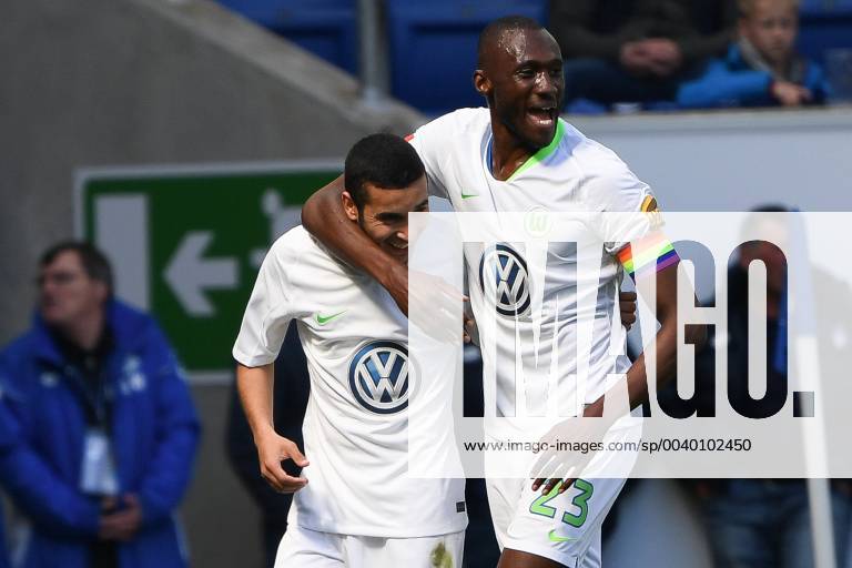 Football 1 Bundesliga TSG 1899 Hoffenheim VfL Wolfsburg v l Jubel zum Ausgleich zum 1 1 by De Asevedo Furtado VfL Wolfsburg with Josuha Guilavogui VfL Wolfsburg DFL regulations prohibit any use of photographs as image sequences and or quasi video 1 Fussball Bundesliga TSG 1899 Hoffenheim VfL Wolfsburg Sinsheim