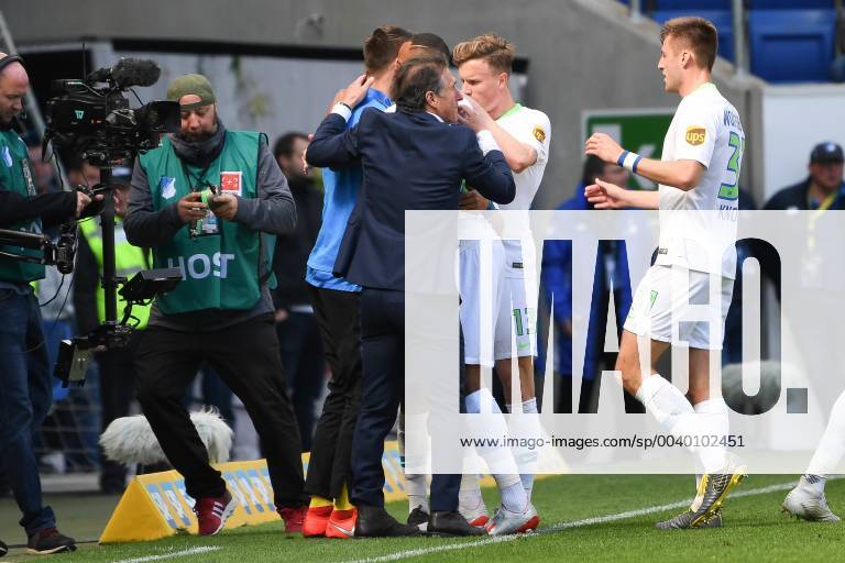 Football 1 Bundesliga TSG 1899 Hoffenheim VfL Wolfsburg v l Jubel zum Ausgleich zum 1 1 by De Asevedo Furtado VfL Wolfsburg with Bruno Labbadia VfL Wolfsburg DFL regulations prohibit any use of photographs as image sequences and or quasi video 1 Fussball Bundesliga TSG 1899 Hoffenheim VfL Wolfsburg Sinsheim