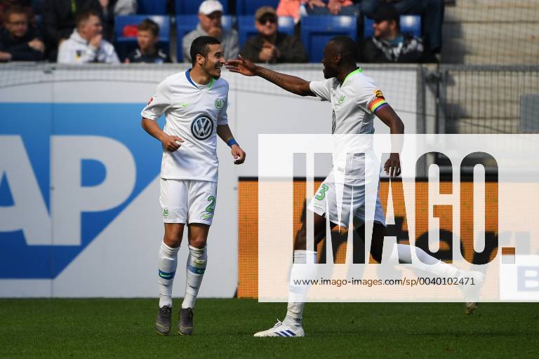 Football 1 Bundesliga TSG 1899 Hoffenheim VfL Wolfsburg v l Jubel zum Ausgleich zum 1 1 by De Asevedo Furtado VfL Wolfsburg with Josuha Guilavogui VfL Wolfsburg DFL regulations prohibit any use of photographs as image sequences and or quasi video 1 Fussball Bundesliga TSG 1899 Hoffenheim VfL Wolfsburg Sinsheim