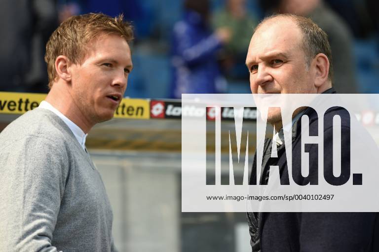 Football 1 Bundesliga TSG 1899 Hoffenheim VfL Wolfsburg v l Hoffenheims Coach Julian Nagelsmann TSG 1899 Hoffenheim with Wolfsburgs GF Sports Joerg Schmadtke DFL regulations prohibit any use of photographs as image sequences and or quasi video 1 Football Bundesliga TSG 1899 Hoffenheim VfL Wolfsburg Sinsheim