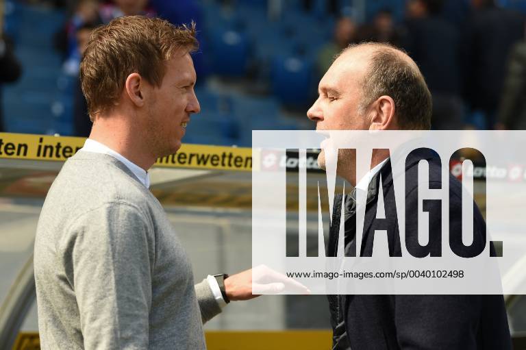 Football 1 Bundesliga TSG 1899 Hoffenheim VfL Wolfsburg v l Hoffenheims Coach Julian Nagelsmann TSG 1899 Hoffenheim with Wolfsburgs GF Sports Joerg Schmadtke DFL regulations prohibit any use of photographs as image sequences and or quasi video 1 Football Bundesliga TSG 1899 Hoffenheim VfL Wolfsburg Sinsheim