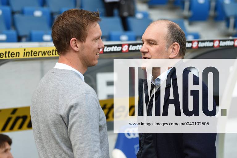 Football 1 Bundesliga TSG 1899 Hoffenheim VfL Wolfsburg v l Hoffenheims Coach Julian Nagelsmann TSG 1899 Hoffenheim with Wolfsburgs GF Sports Joerg Schmadtke DFL regulations prohibit any use of photographs as image sequences and or quasi video 1 Football Bundesliga TSG 1899 Hoffenheim VfL Wolfsburg Sinsheim